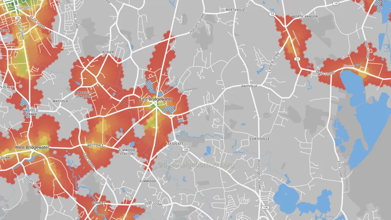 Walk Grade map of 02333, MA, walkable areas in green and car-dependent areas in red
