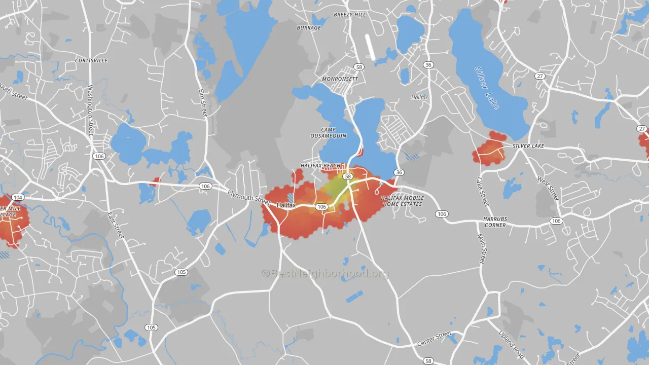 Walk Grade map of 02338, MA, walkable areas in green and car-dependent areas in red