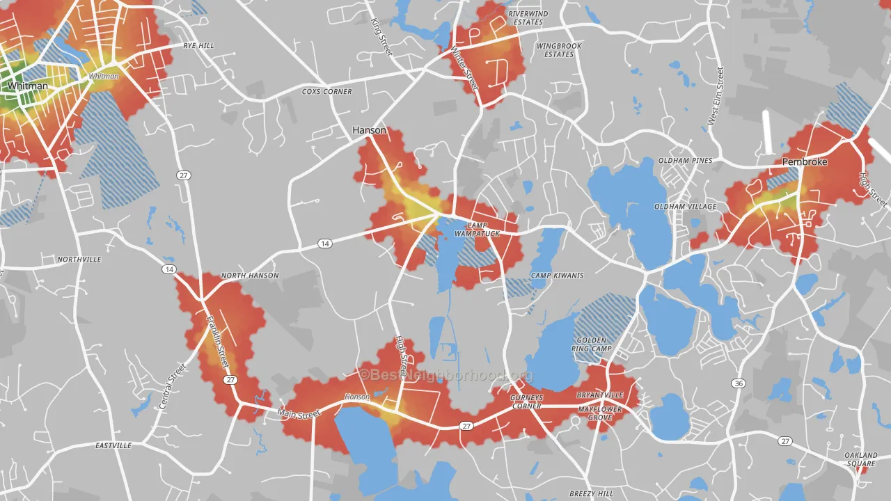 Walk Grade map of 02341, MA, walkable areas in green and car-dependent areas in red