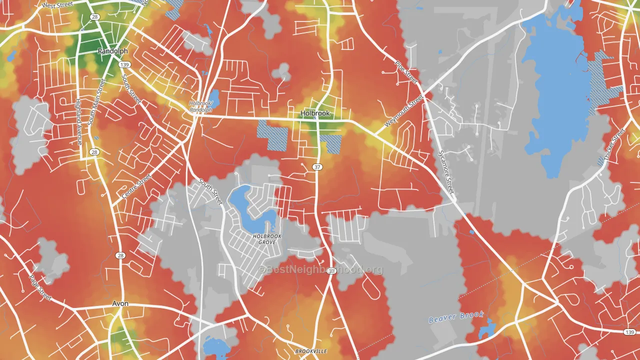 Walk Grade map of 02343, MA, walkable areas in green and car-dependent areas in red