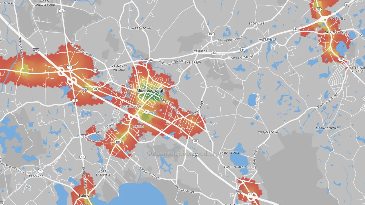 Walk Grade map of 02346, MA, walkable areas in green and car-dependent areas in red