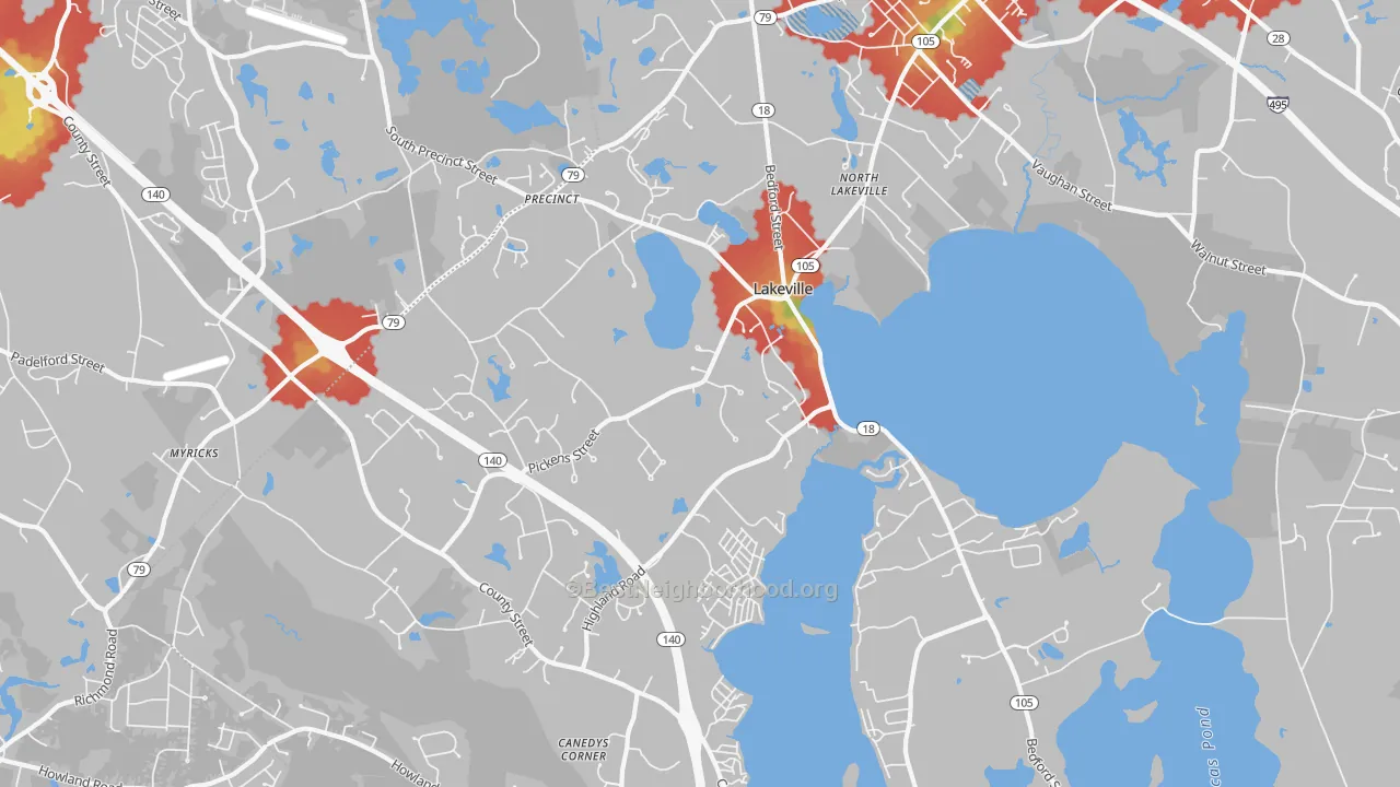 Walk Grade map of 02347, MA, walkable areas in green and car-dependent areas in red