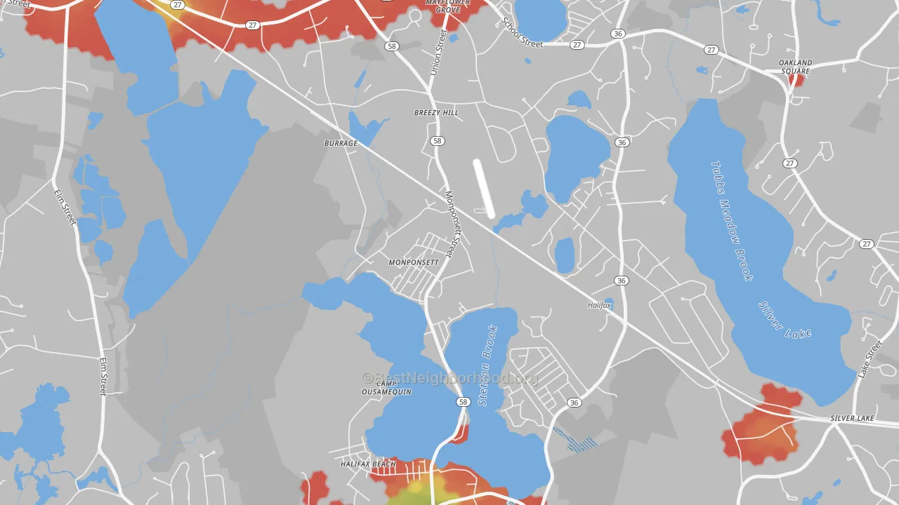 Walk Grade map of 02350, MA, walkable areas in green and car-dependent areas in red