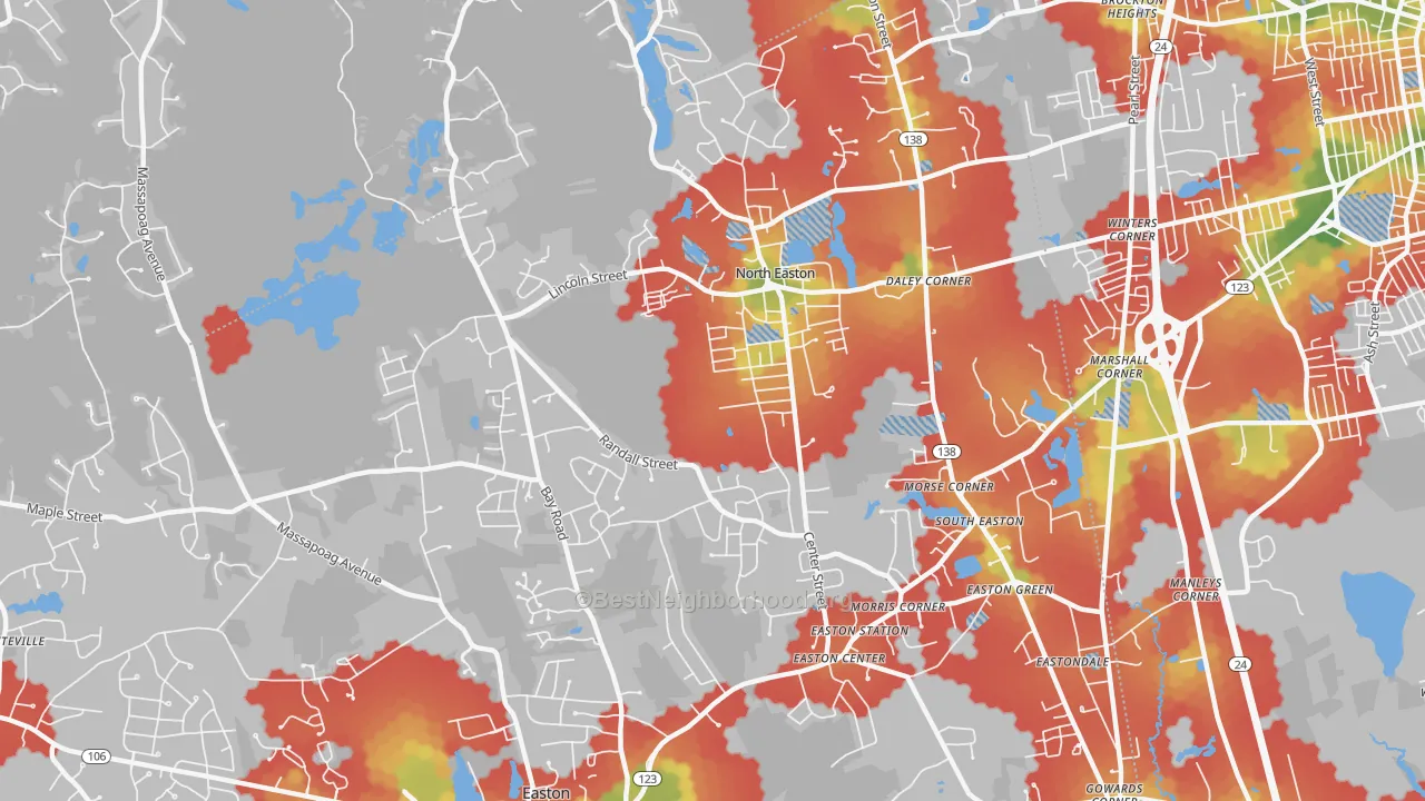 Walk Grade map of 02356, MA, walkable areas in green and car-dependent areas in red