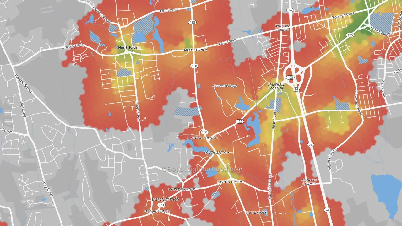 Walk Grade map of 02357, MA, walkable areas in green and car-dependent areas in red