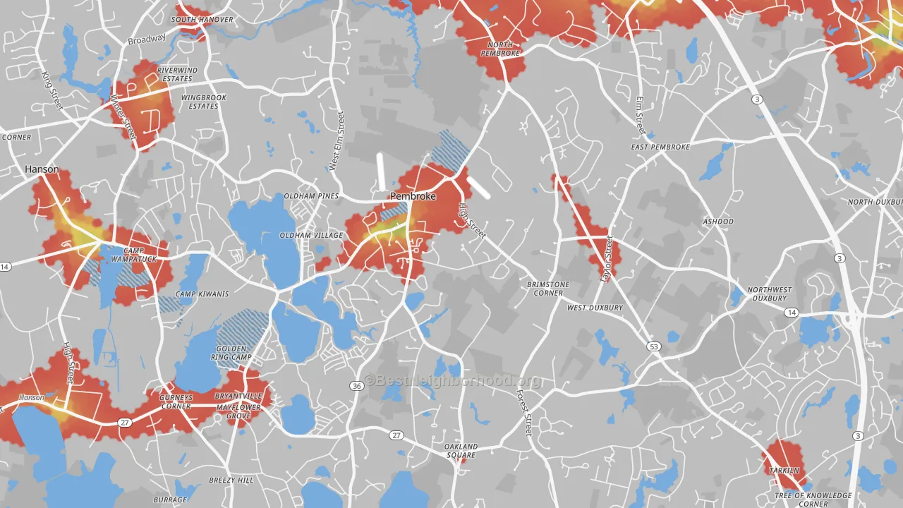 Walk Grade map of 02359, MA, walkable areas in green and car-dependent areas in red