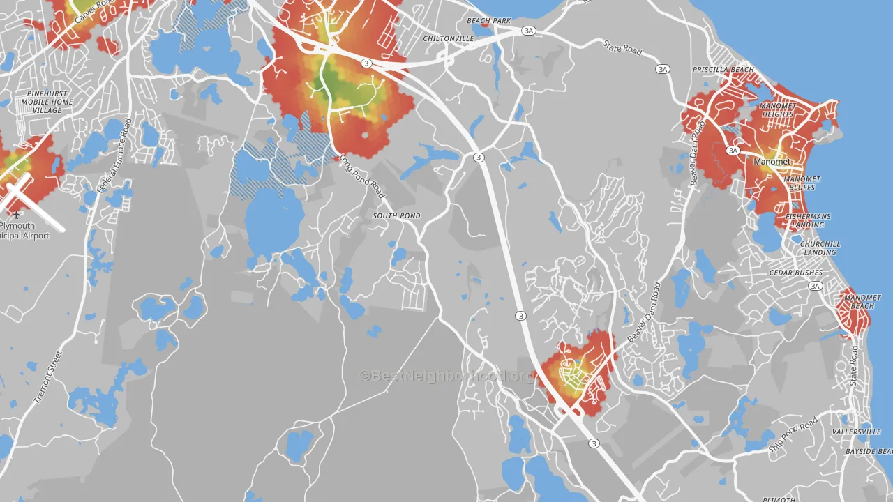 Walk Grade map of 02360, MA, walkable areas in green and car-dependent areas in red