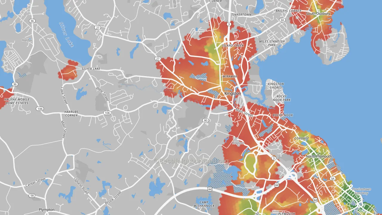 Walk Grade map of 02364, MA, walkable areas in green and car-dependent areas in red
