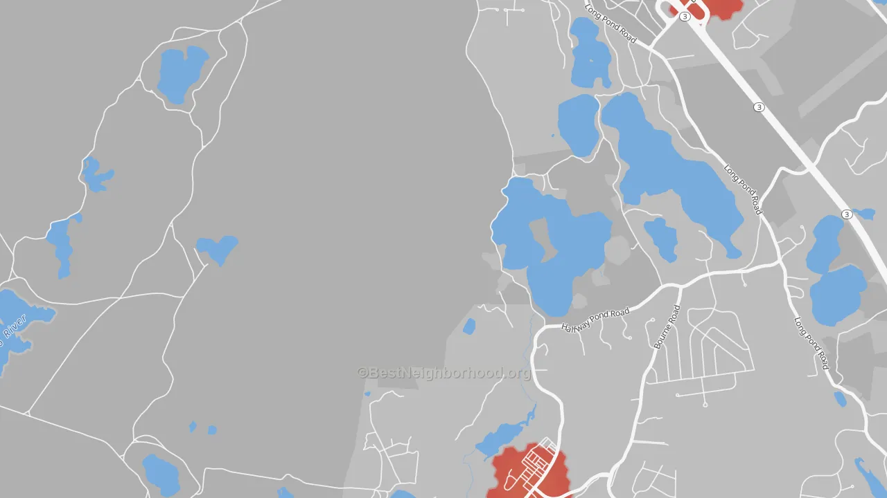 Walk Grade map of 02366, MA, walkable areas in green and car-dependent areas in red