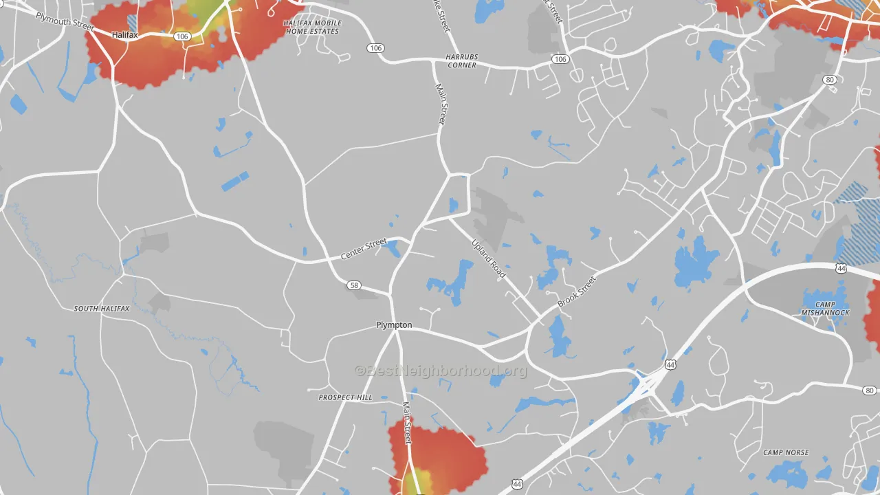Walk Grade map of 02367, MA, walkable areas in green and car-dependent areas in red