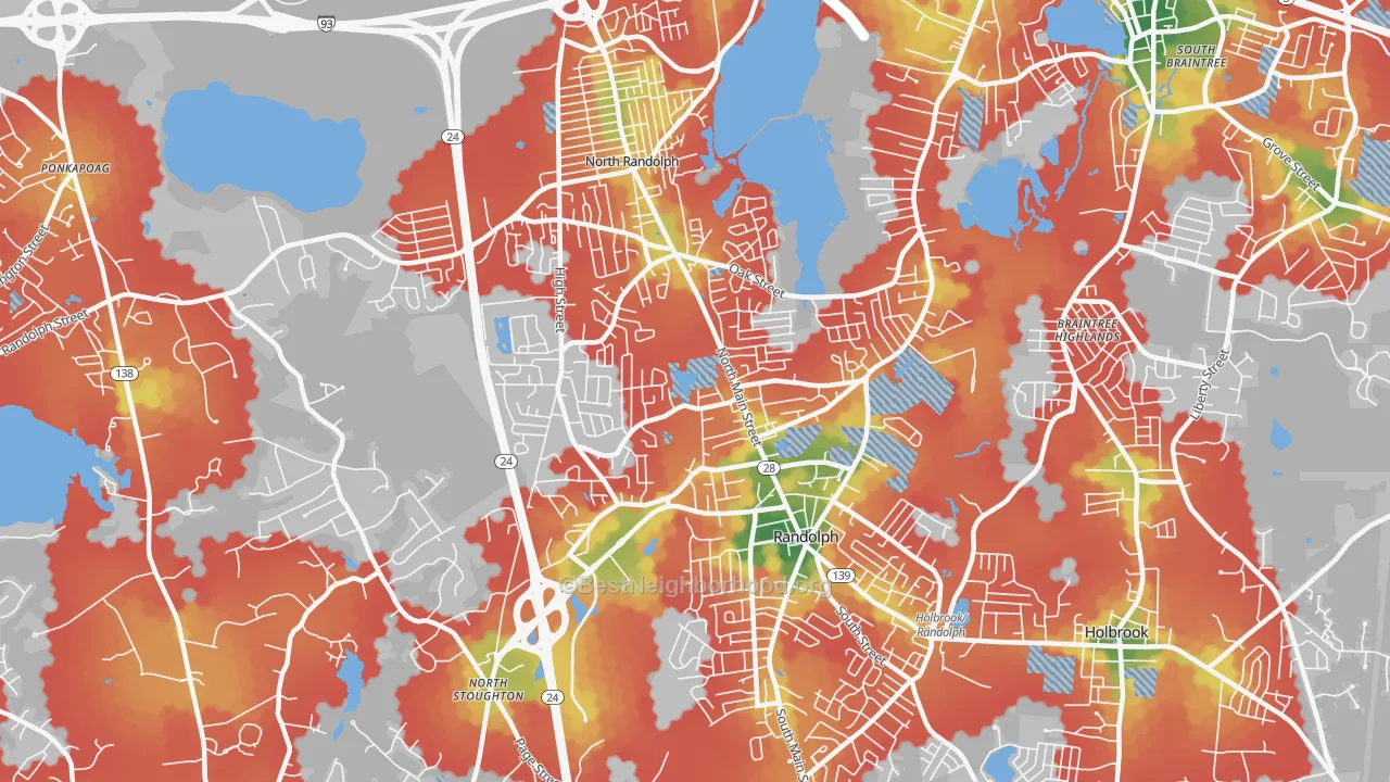 Walk Grade map of 02368, MA, walkable areas in green and car-dependent areas in red
