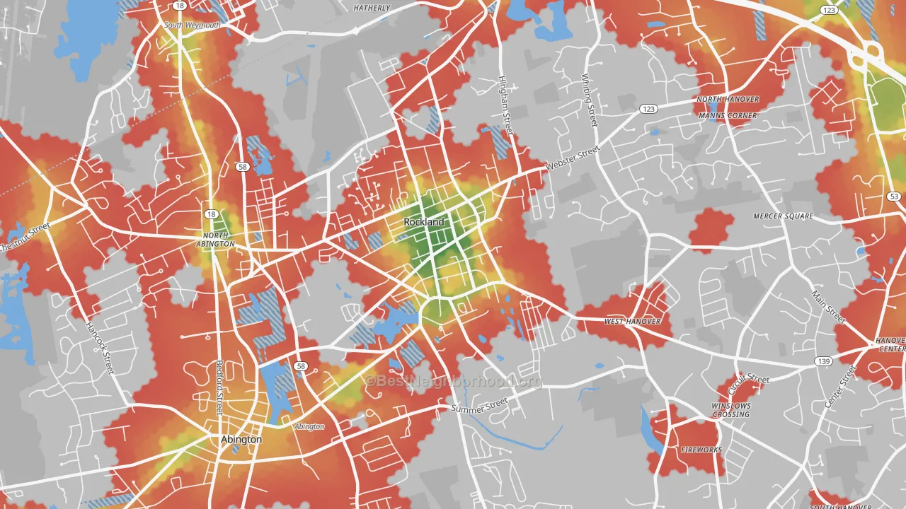 Walk Grade map of 02370, MA, walkable areas in green and car-dependent areas in red