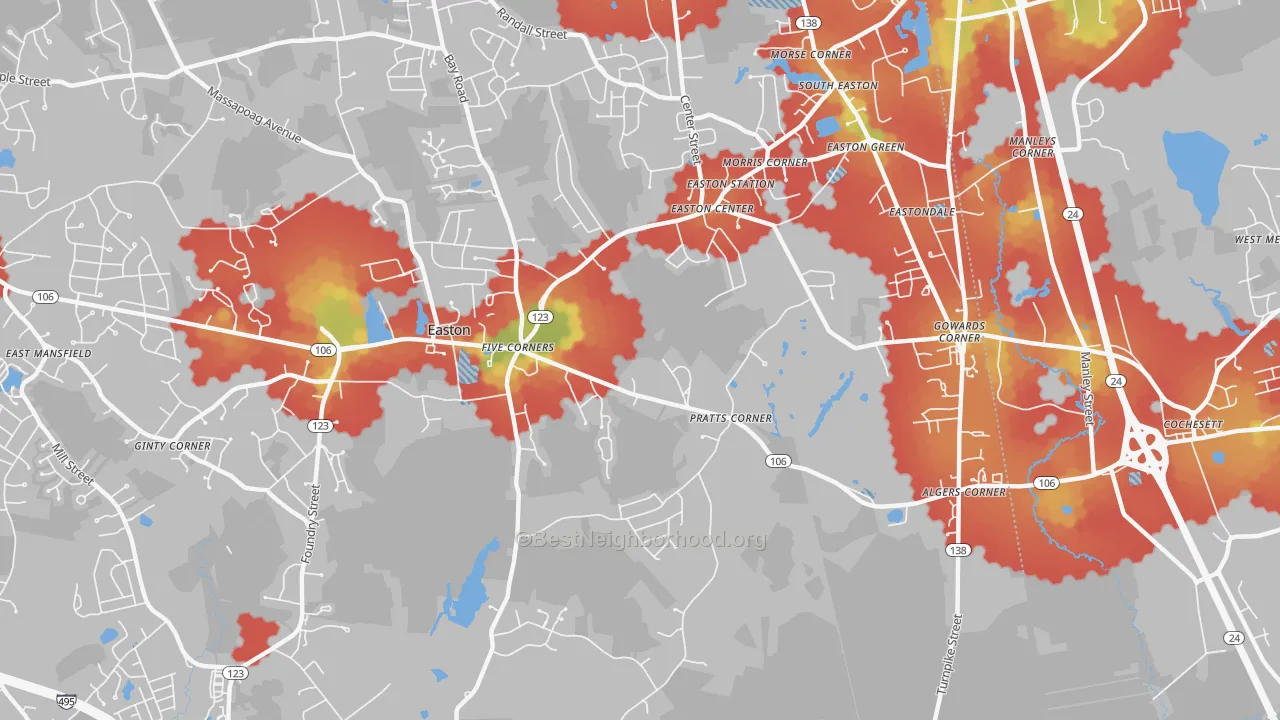 Walk Grade map of 02375, MA, walkable areas in green and car-dependent areas in red