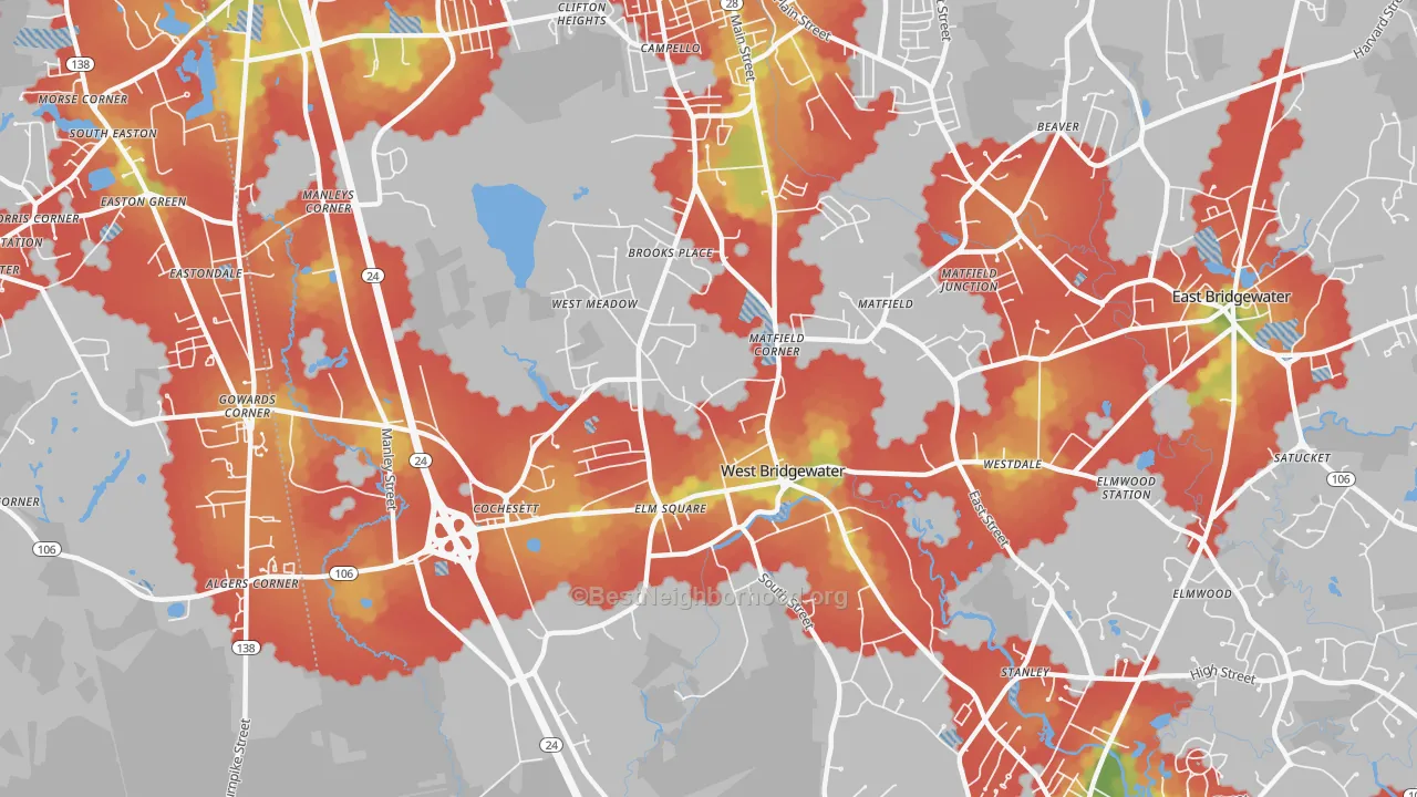 Walk Grade map of 02379, MA, walkable areas in green and car-dependent areas in red