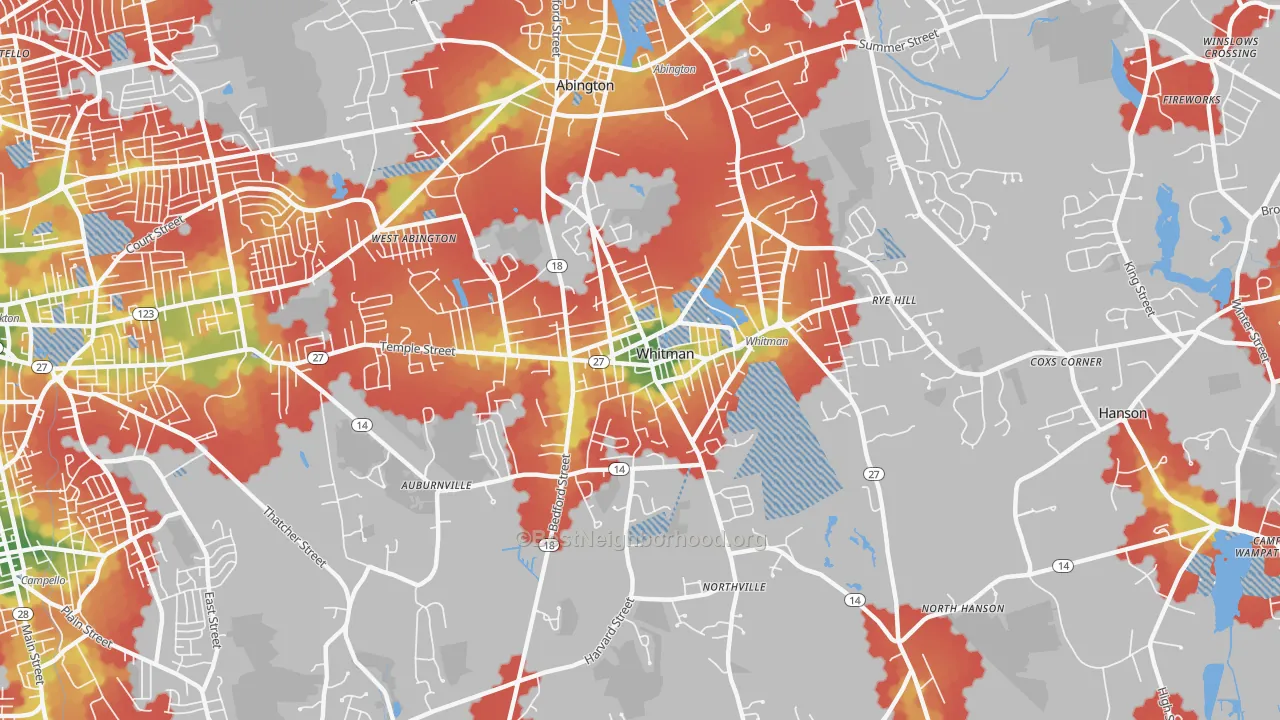 Walk Grade map of 02382, MA, walkable areas in green and car-dependent areas in red