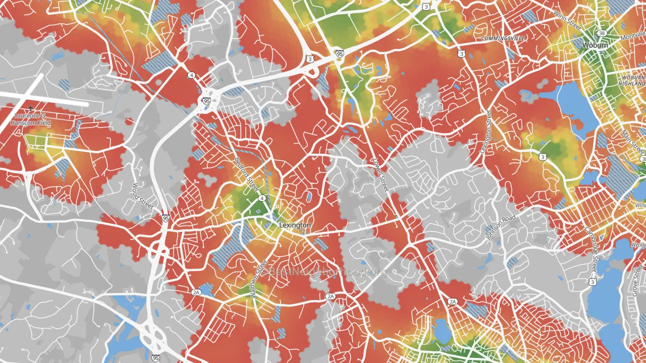 Walk Grade map of 02420, MA, walkable areas in green and car-dependent areas in red