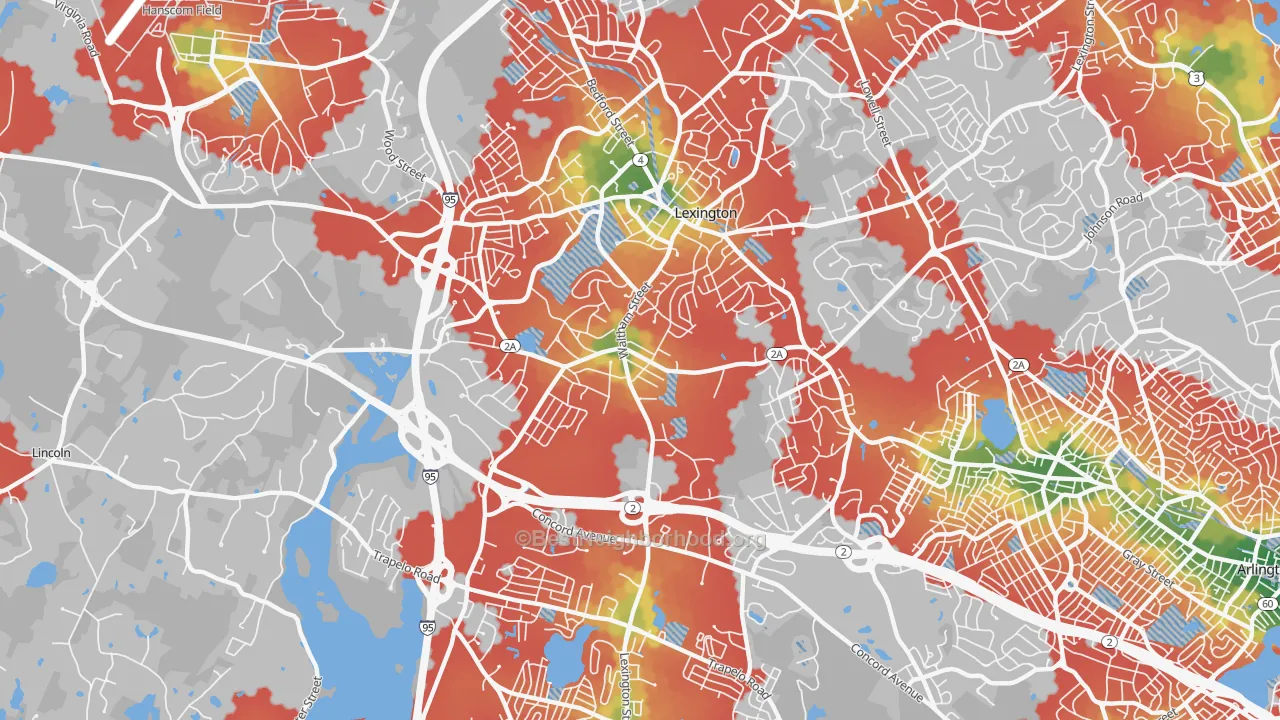 Walk Grade map of 02421, MA, walkable areas in green and car-dependent areas in red