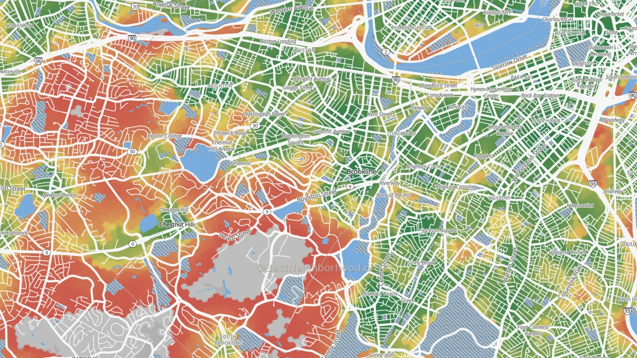 Walk Grade map of 02445, MA, walkable areas in green and car-dependent areas in red