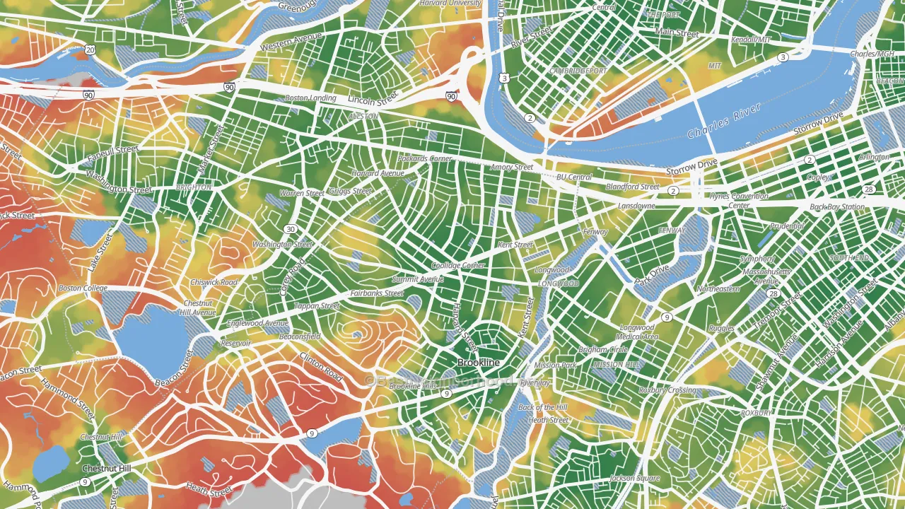 Walk Grade map of 02446, MA, walkable areas in green and car-dependent areas in red