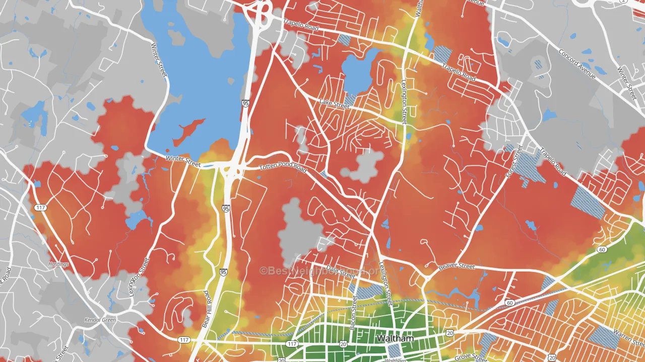 Walk Grade map of 02451, MA, walkable areas in green and car-dependent areas in red