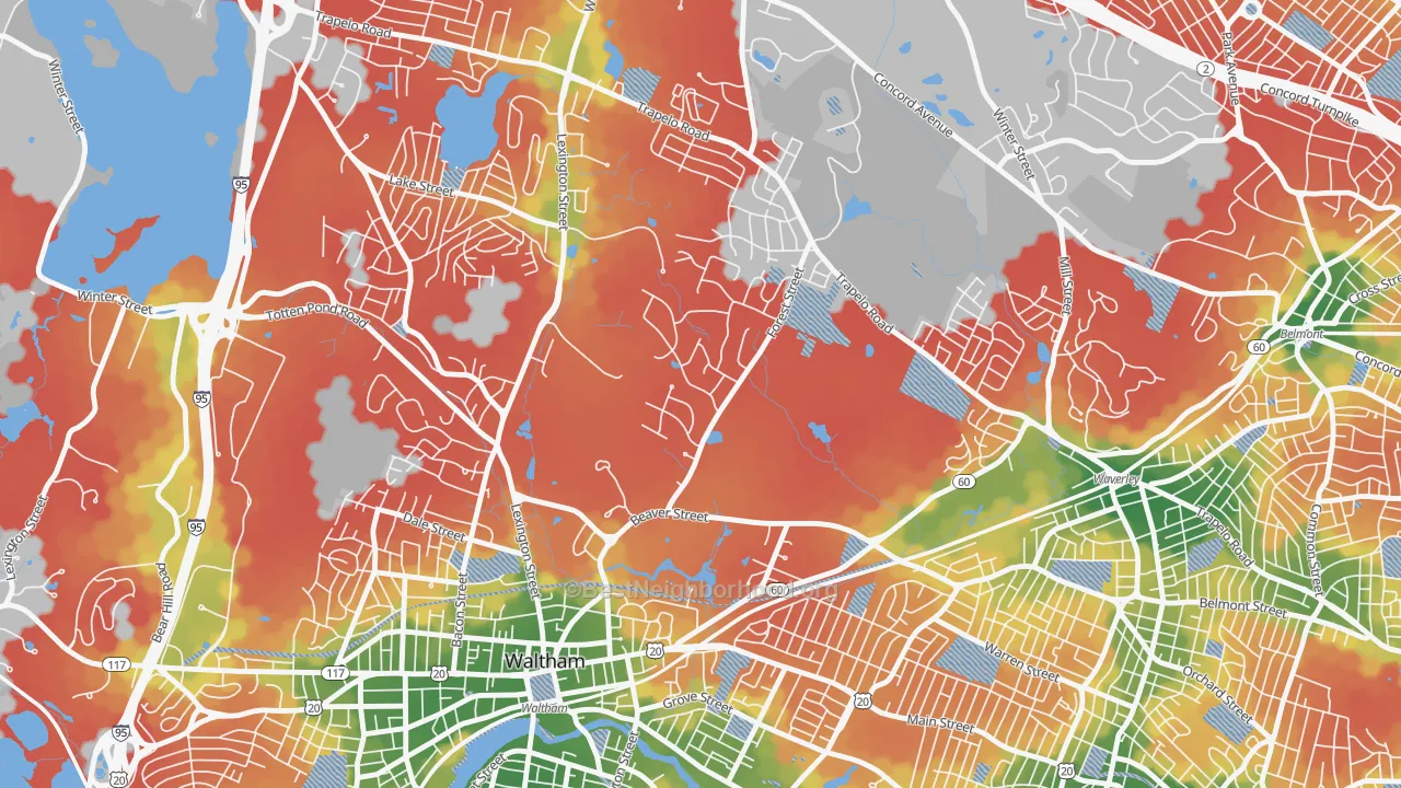Walk Grade map of 02452, MA, walkable areas in green and car-dependent areas in red