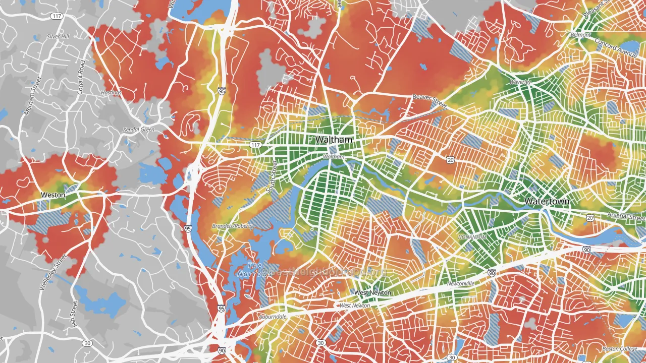 Walk Grade map of 02453, MA, walkable areas in green and car-dependent areas in red