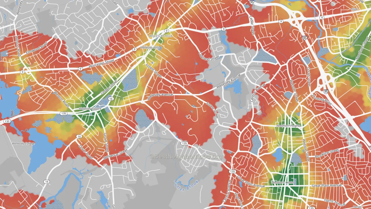 Walk Grade map of 02457, MA, walkable areas in green and car-dependent areas in red
