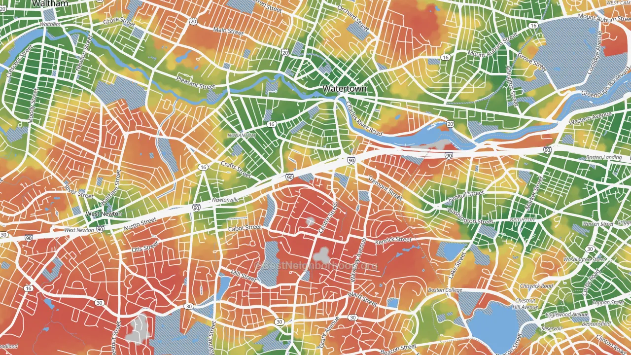 Walk Grade map of 02458, MA, walkable areas in green and car-dependent areas in red