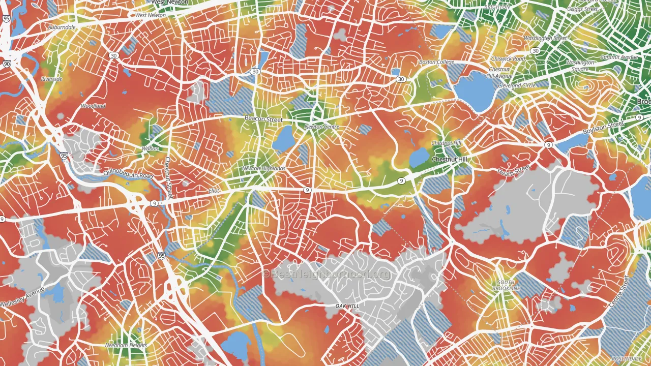 Walk Grade map of 02459, MA, walkable areas in green and car-dependent areas in red