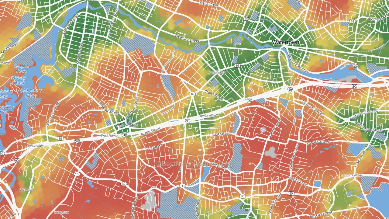 Walk Grade map of 02460, MA, walkable areas in green and car-dependent areas in red