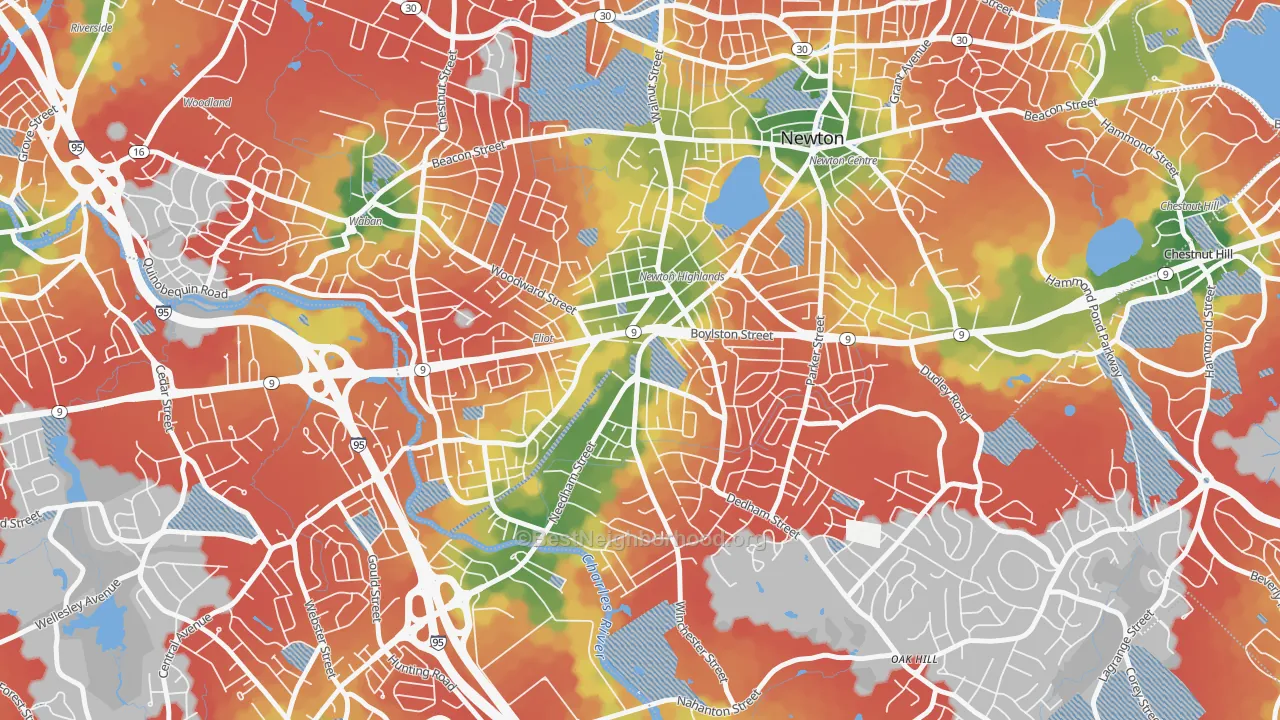 Walk Grade map of 02461, MA, walkable areas in green and car-dependent areas in red