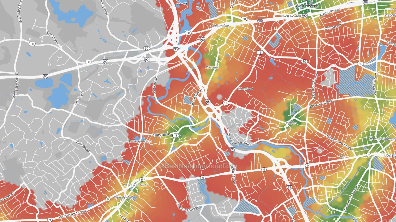 Walk Grade map of 02462, MA, walkable areas in green and car-dependent areas in red