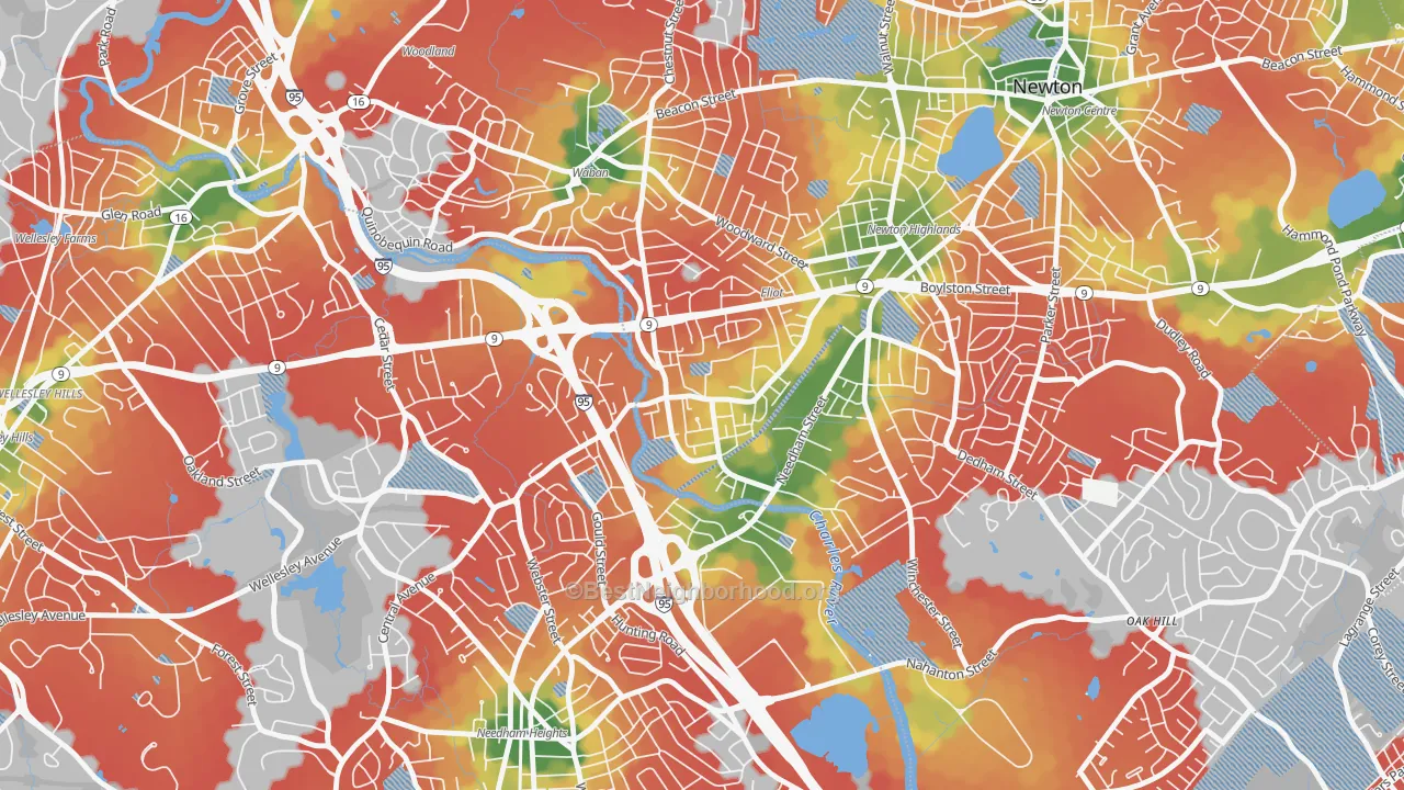 Walk Grade map of 02464, MA, walkable areas in green and car-dependent areas in red