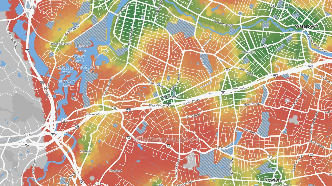 Walk Grade map of 02465, MA, walkable areas in green and car-dependent areas in red