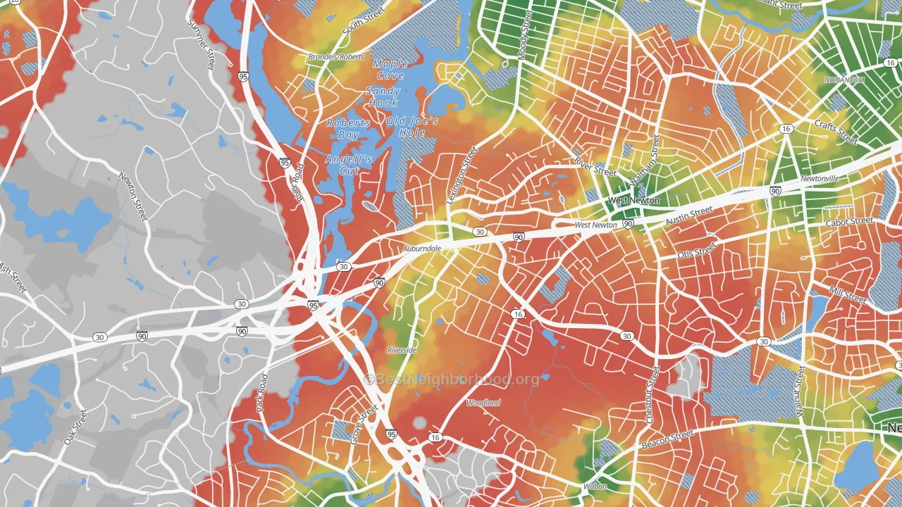 Walk Grade map of 02466, MA, walkable areas in green and car-dependent areas in red