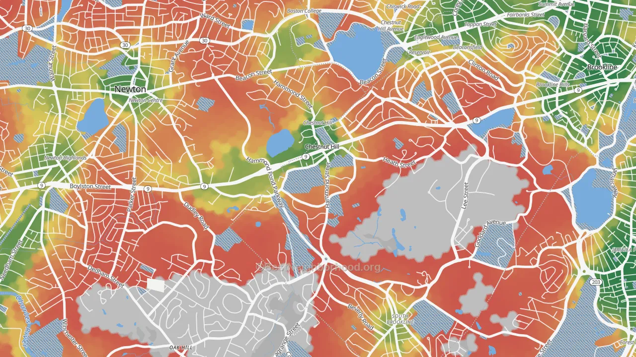 Walk Grade map of 02467, MA, walkable areas in green and car-dependent areas in red