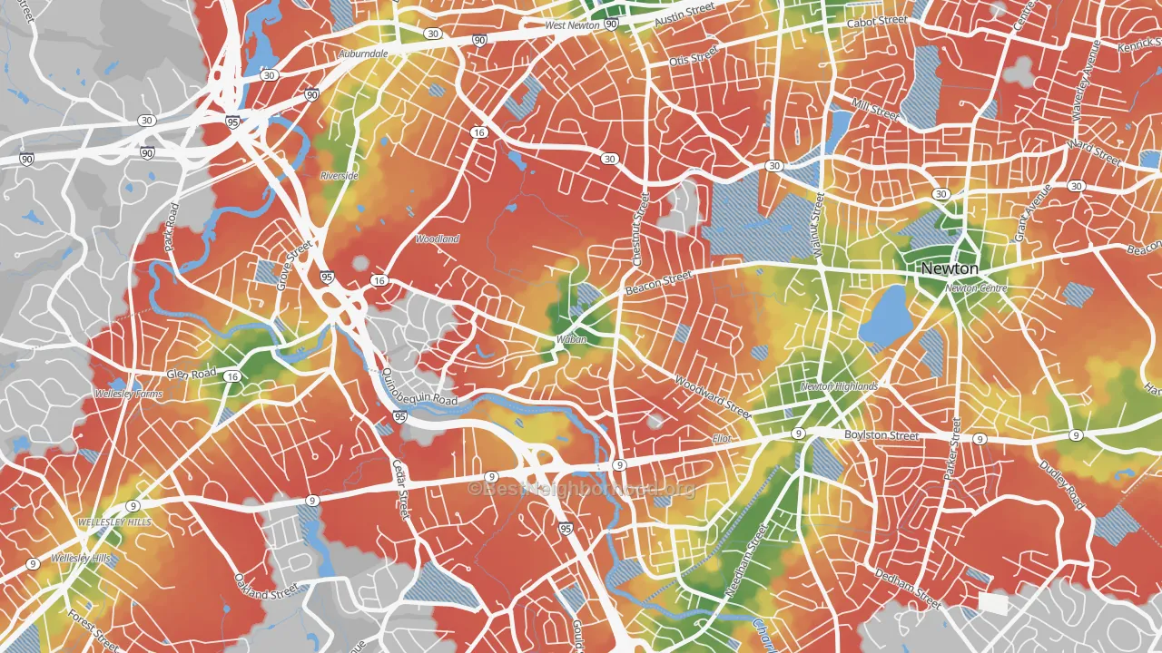 Walk Grade map of 02468, MA, walkable areas in green and car-dependent areas in red
