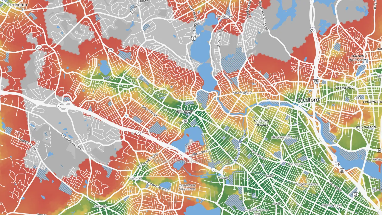 Walk Grade map of 02474, MA, walkable areas in green and car-dependent areas in red