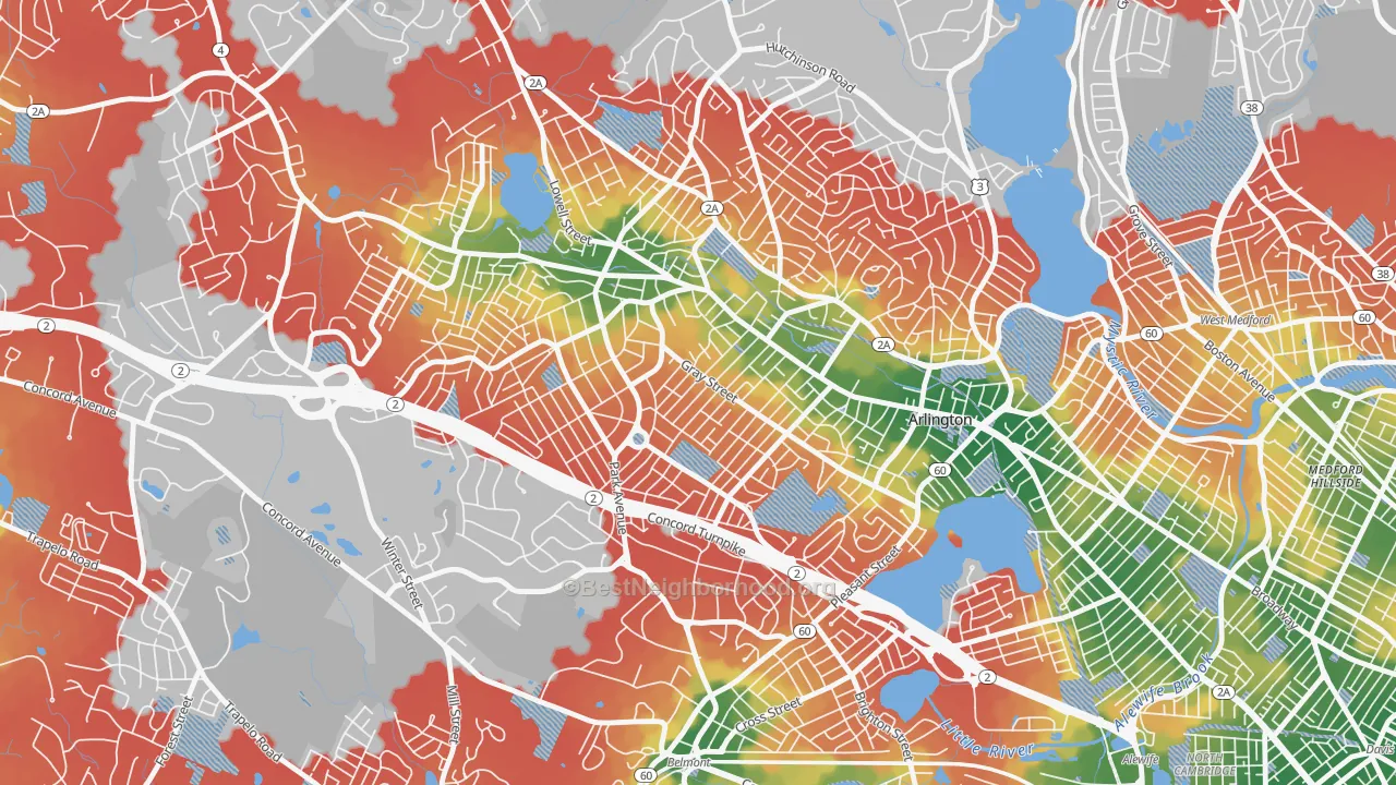 Walk Grade map of 02476, MA, walkable areas in green and car-dependent areas in red