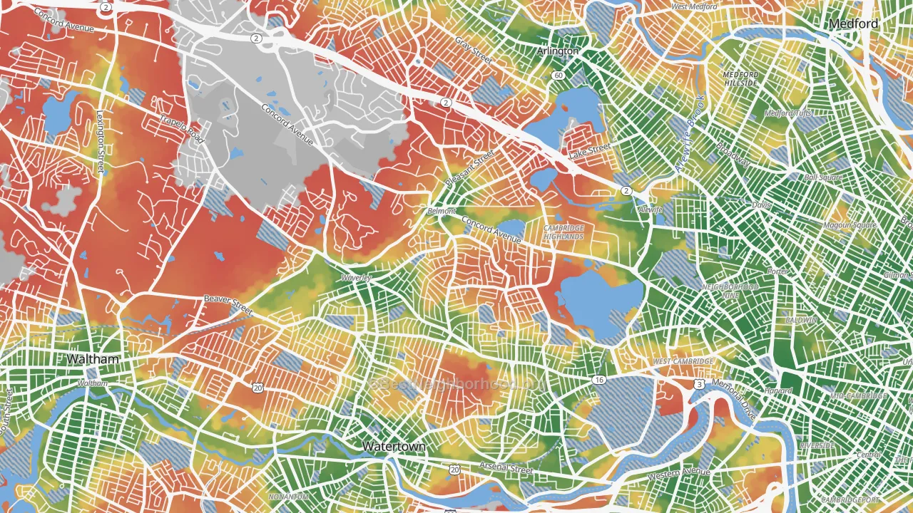 Walk Grade map of 02478, MA, walkable areas in green and car-dependent areas in red