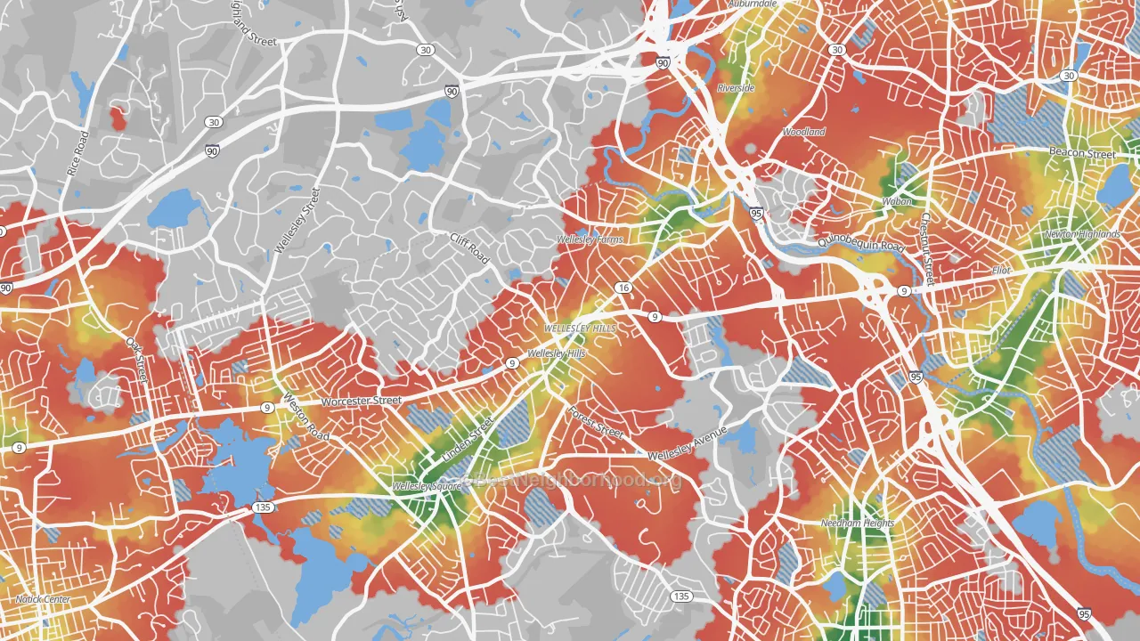 Walk Grade map of 02481, MA, walkable areas in green and car-dependent areas in red
