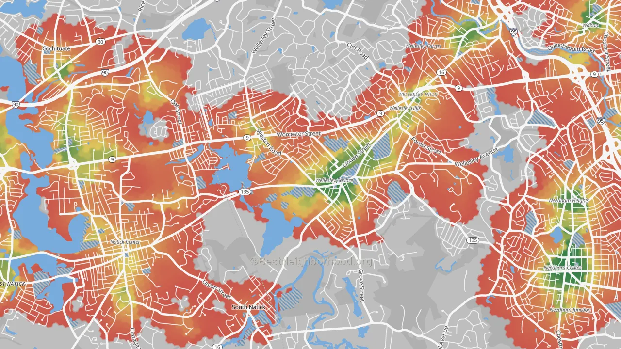 Walk Grade map of 02482, MA, walkable areas in green and car-dependent areas in red