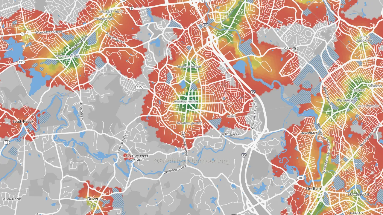 Walk Grade map of 02492, MA, walkable areas in green and car-dependent areas in red
