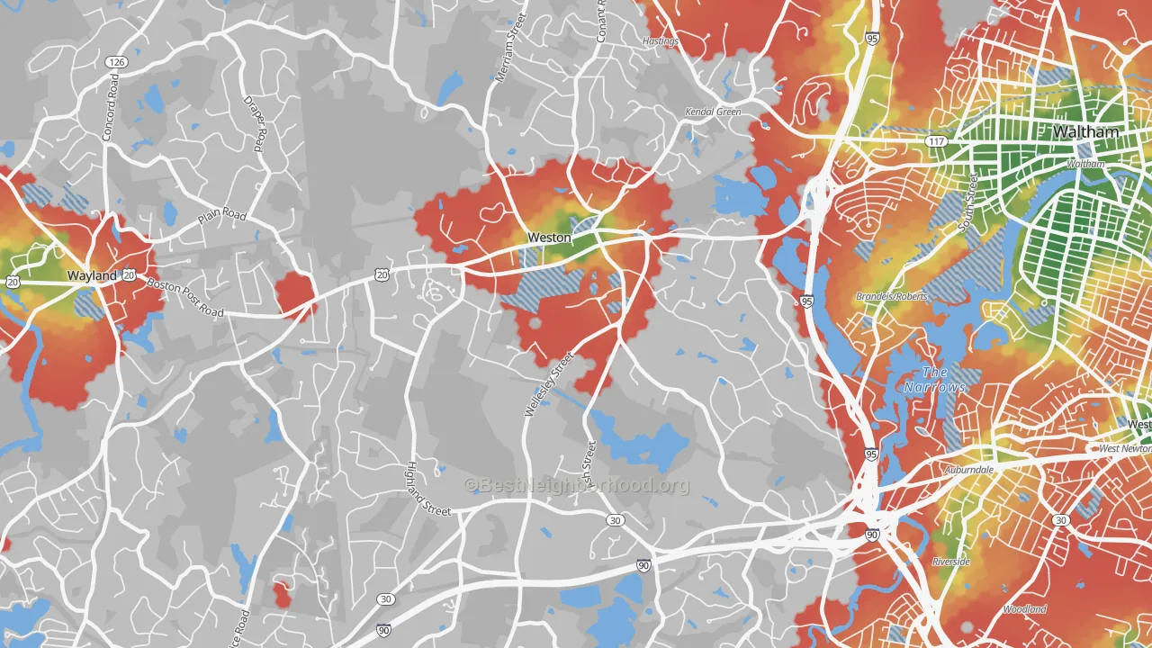 Walk Grade map of 02493, MA, walkable areas in green and car-dependent areas in red