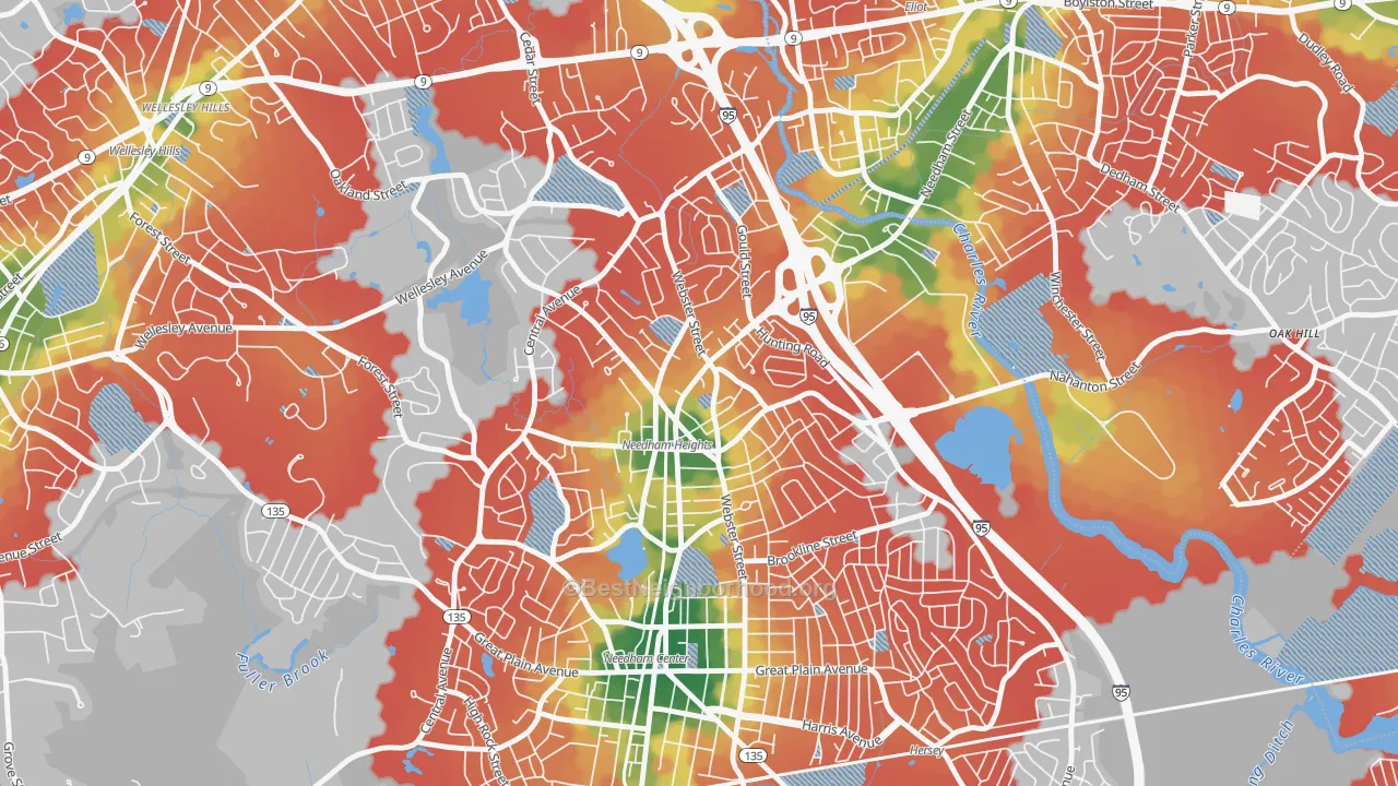 Walk Grade map of 02494, MA, walkable areas in green and car-dependent areas in red