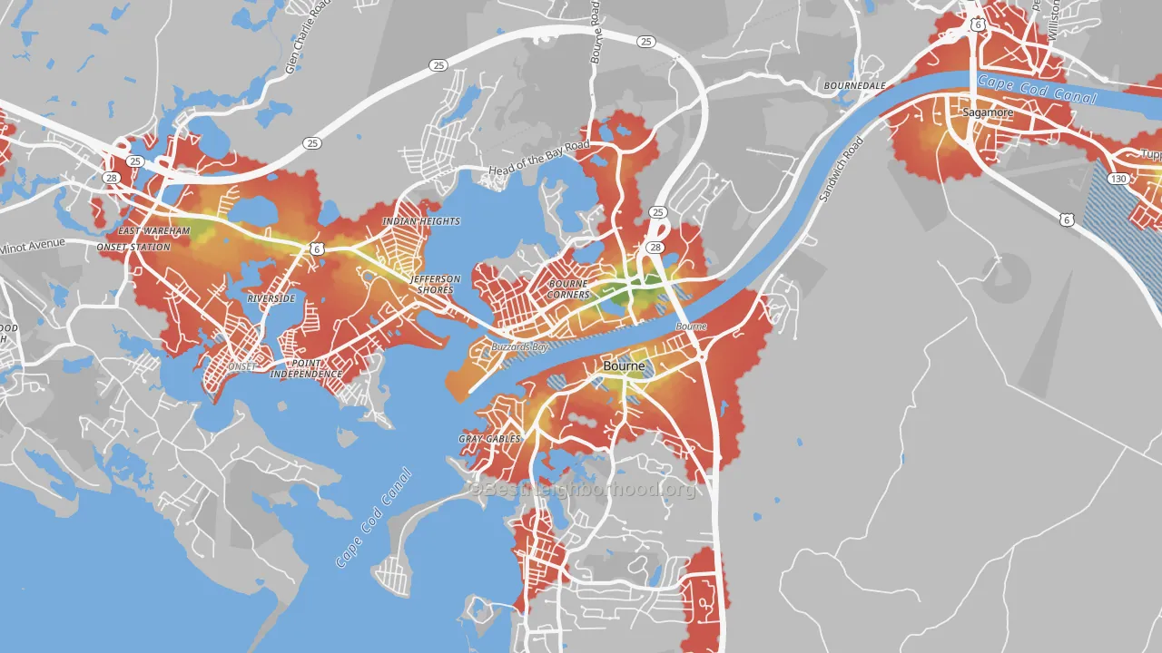 Walk Grade map of 02532, MA, walkable areas in green and car-dependent areas in red