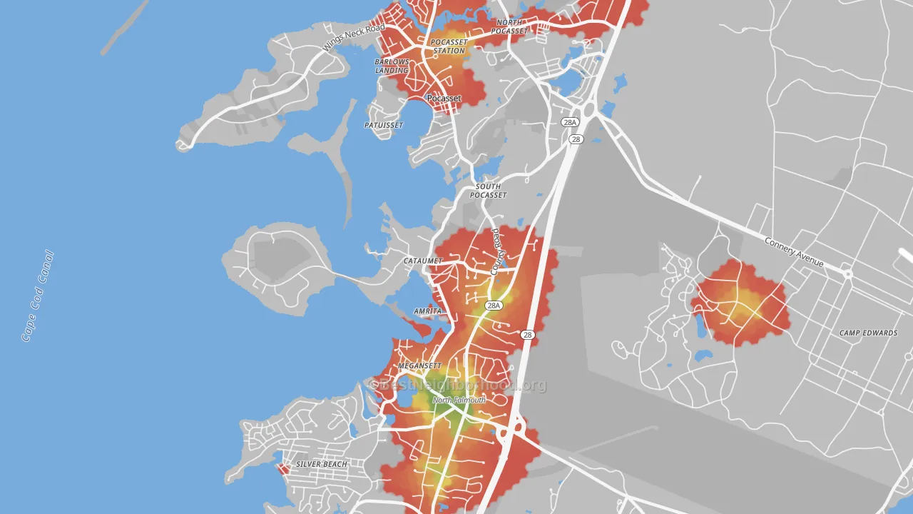 Walk Grade map of 02534, MA, walkable areas in green and car-dependent areas in red