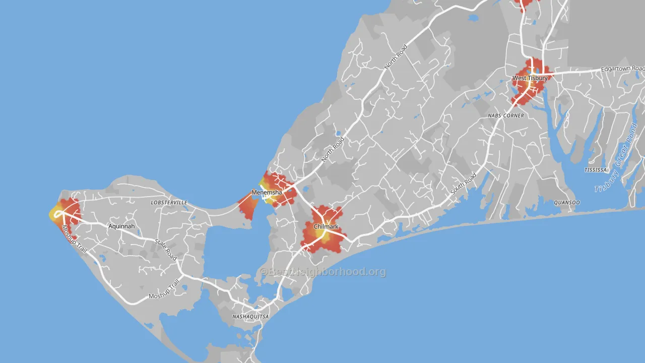 Walk Grade map of 02535, MA, walkable areas in green and car-dependent areas in red