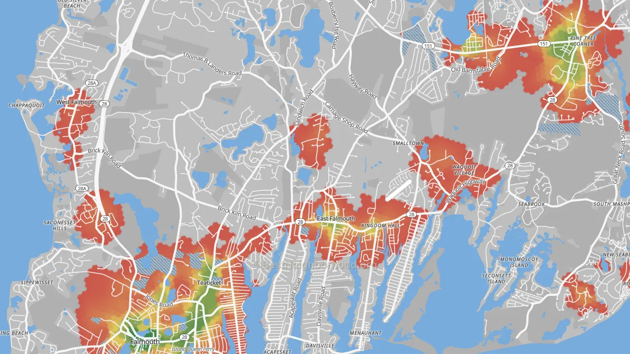 Walk Grade map of 02536, MA, walkable areas in green and car-dependent areas in red