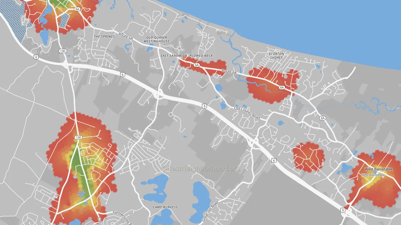 Walk Grade map of 02537, MA, walkable areas in green and car-dependent areas in red